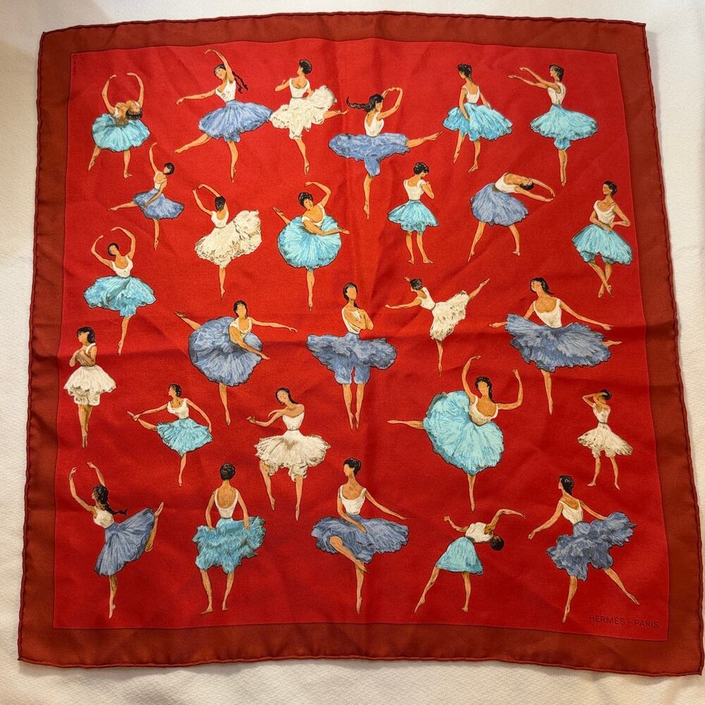 Hermes Paris Blue Ballet Dancer 100% Silk Vintage Rolled Edge Pocket Square